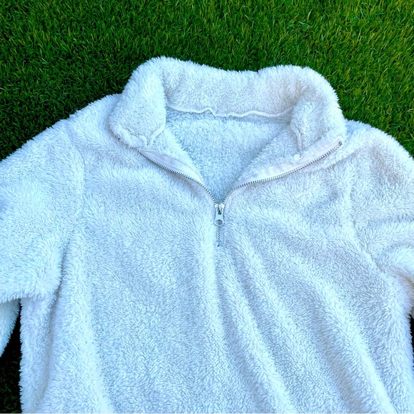 White Sherpa Pullover Quarter Zip Fuzzy Fleece Teddy Sweatshirt, Size S - Picture 4 of 7